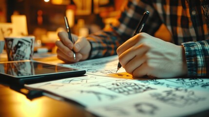 Poster - A person sketching ideas on paper while using a tablet in a creative workspace.