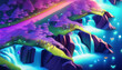 © Gudmundr - Surreal digital artwork of a magical landscape featuring glowing waterfalls, a vibrant purple moon, serene water, and a luminous fish. Whimsical and dreamlike scenery
