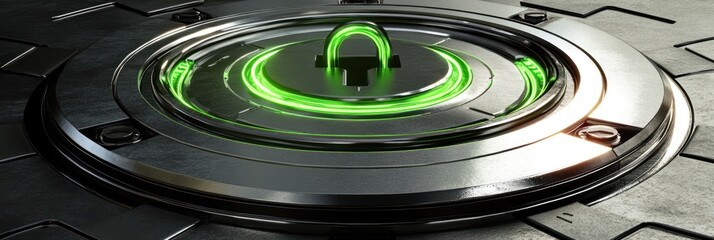 Fototapete - A futuristic circular device with a glowing green element on a metallic surface.