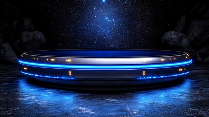 Wall Mural - futuristic blue neon lit round platform on dark background.