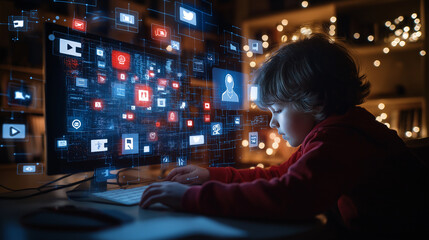 Aufkleber - child interacting with digital media on computer screen, focused and engaged