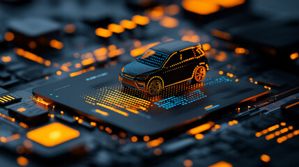 Poster - digital car model on circuit board with glowing elements