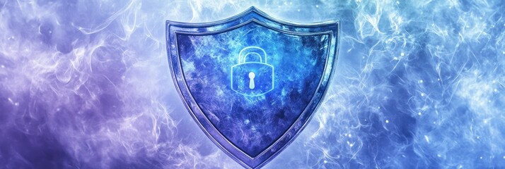 Poster - A glowing shield with a padlock symbol, representing security and protection.