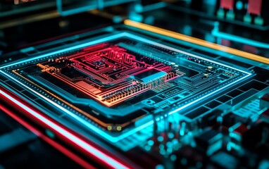 Fototapete - A closeup of a modern circuit board bathed in neon red and blue lights, set against the backdrop of a dark technology lab at night, highlighting its complex design