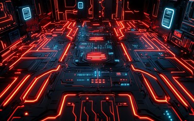 Poster - A futuristic circuit board with glowing neon red and blue lights, set in a hightech technology lab at night, showcasing intricate electronic components and vibrant lighting