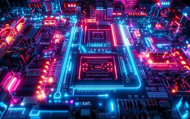 Fototapete - A futuristic circuit board with glowing neon red and blue lights, set in a hightech technology lab at night, showcasing intricate electronic components and vibrant lighting