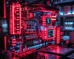 Aufkleber - A glowing, hightech circuit board with neon red and blue lights in a dark technology lab at night, emphasizing advanced electronic components and an immersive technological setting