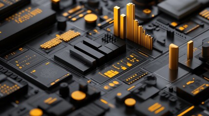 Aufkleber - A close-up of a circuit board with black and orange elements, showcasing technology design.