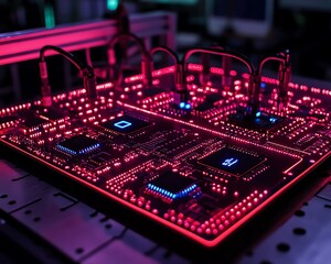 Aufkleber - A glowing, hightech circuit board with neon red and blue lights in a dark technology lab at night, emphasizing advanced electronic components and an immersive technological setting