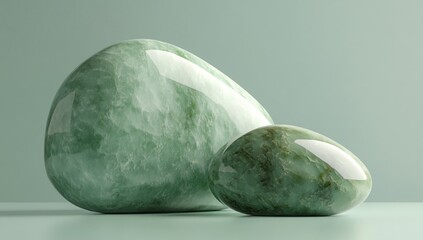 Poster - Two smooth green stones displayed on a minimalist surface, emphasizing natural beauty.