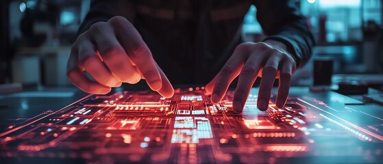 Aufkleber - Closeup of a modern circuit board illuminated with neon red and blue lights in a sleek, dark technology lab, emphasizing the intricate design and glowing details