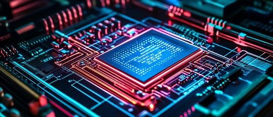 Aufkleber - Closeup of a modern circuit board illuminated with neon red and blue lights in a sleek, dark technology lab, emphasizing the intricate design and glowing details