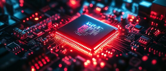 Aufkleber - Closeup of a modern circuit board illuminated with neon red and blue lights in a sleek, dark technology lab, emphasizing the intricate design and glowing details