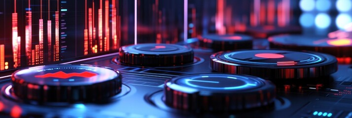 Aufkleber - A close-up of a futuristic control panel with glowing buttons and visual displays.