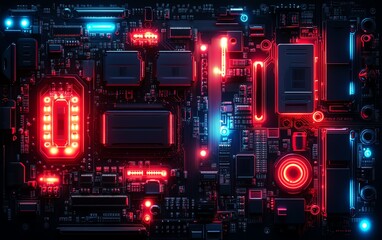 Fototapete - Detailed modern circuit board with neon red and blue illumination in a dark technology lab, capturing the essence of cuttingedge electronics and futuristic design