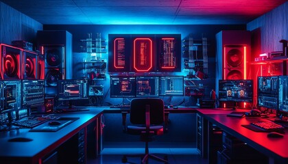 Aufkleber - Futuristic technology lab at night with a glowing circuit board featuring neon red and blue lights, showcasing advanced electronic components and a vibrant, sleek aesthetic