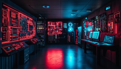 Aufkleber - Futuristic technology lab at night with a glowing circuit board featuring neon red and blue lights, showcasing advanced electronic components and a vibrant, sleek aesthetic