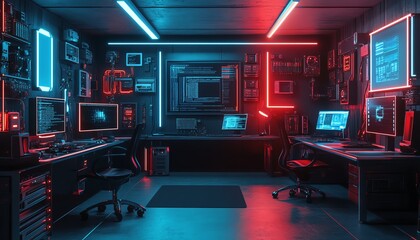 Aufkleber - Futuristic technology lab at night with a glowing circuit board featuring neon red and blue lights, showcasing advanced electronic components and a vibrant, sleek aesthetic