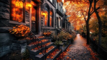 Poster - A picturesque autumn scene with vibrant foliage and charming architecture.