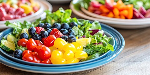 Wall Mural - Colorful plates full of salad and sweet food showcase a healthy diet, making breakfast vibrant and delicious. Enjoy a nutritious breakfast with these appealing plates full of salad and sweet food.