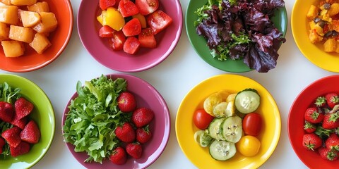 Wall Mural - Colorful plates full of salad and sweet food showcase a healthy diet, making breakfast vibrant and delicious. Enjoy a nutritious breakfast with these appealing plates full of salad and sweet food.