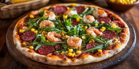 Sticker - Close up of Italian pizza featuring salami, shrimp, corn, mozzarella, and arugula on a rustic wooden table. This Italian pizza showcases vibrant ingredients in a delicious presentation.