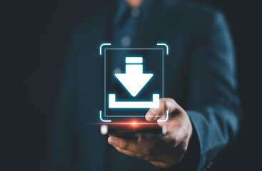 Poster - Download Technology for Data Storage and Transfer. A man holds a smartphone with glowing download icon, symbolizing digital data storage, cloud services, technology for transferring files and media.