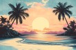 © DavidGalih | Dikomo. - Ocean and Palm Trees with Sunset Retro Illustration