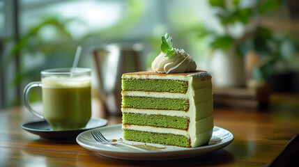 Wall Mural - Matcha Green Tea sweet food and drinks products serve at cafe Green crepe layer cake and iced latte green tea closeup on the table 