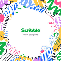 Leinwandbilder - Scribble doodle framed background design with brushstrokes, freehand pencil drawings, lines. Abstract hand-drawn elements, shapes pattern on modern creative post card. Colored flat vector illustration