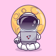 Wall Mural - Cute Astronaut Working On Laptop On Moon Cartoon Vector 
Icon Illustration. Science Technology Icon Concept Isolated 
Premium Vector. Flat Cartoon Style 