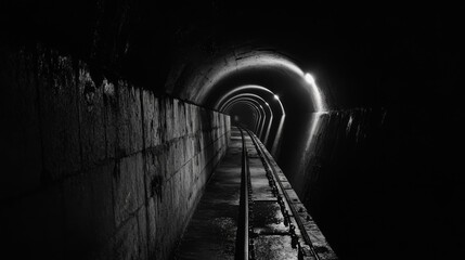 Poster - Dark and Mysterious Underground Tunnel with Flickering Lights and Wet Walls, an Eerie Atmosphere for Film Noir and Urban Exploration Themes