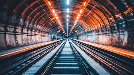 Fototapete - Captivating View of a Subway Tunnel with Illuminated Tracks Leading into the Depths of a Modern Urban Transit System, Emphasizing Transportation and Infrastructure