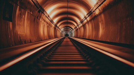Fototapete - Atmospheric Perspective of an Underground Tunnel with Railway Tracks Highlighting the Depth and Structure in Warm Tones and Shadows