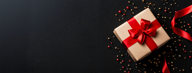 Wall Mural - beautifully wrapped gift box with red ribbon bow lies on black background, surrounded by scattered red and gold beads, creating elegant and festive atmosphere