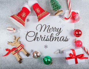 Wall Mural - Merry Christmas text design and Minimal typography with Sliver background with Ball ornaments, Shatterproof tree ornaments, Icicle ornaments, Candy canes, Festive bows.