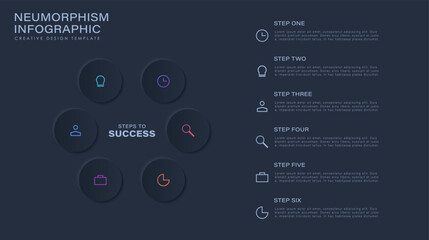 Neumorphism vector infographic template with 6 steps and linear icons.