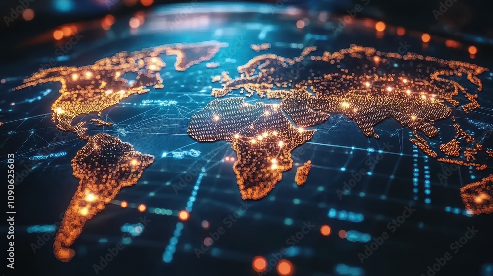 A digital world map with glowing nodes and network lines forming a ...