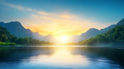 Wall Mural - Breathtaking sunset panorama, serene river flowing through majestic mountains at dusk