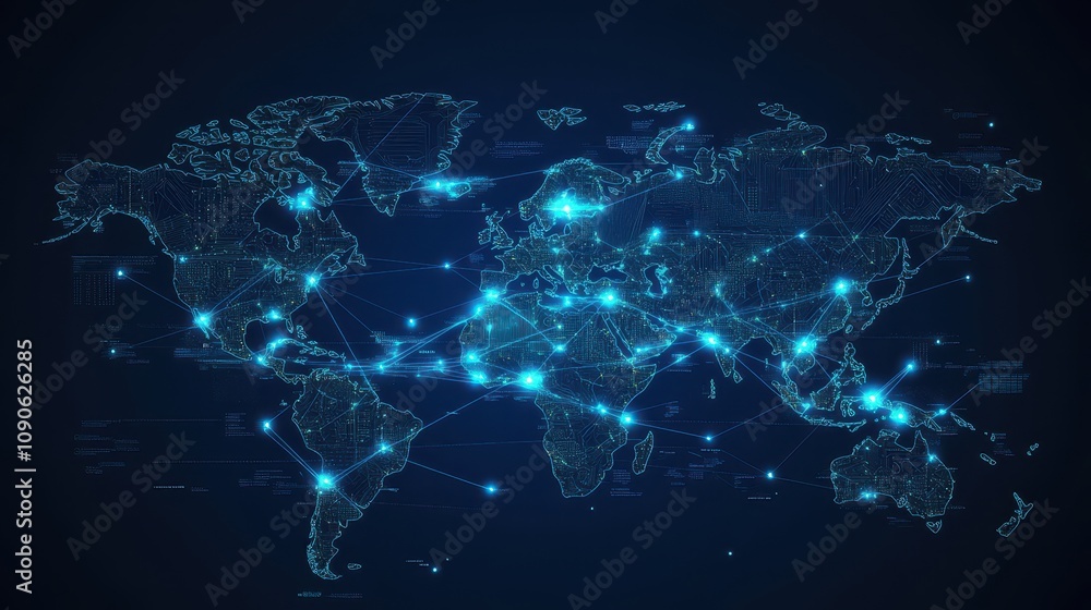 A high-tech digital world map with a central globe glowing with network ...