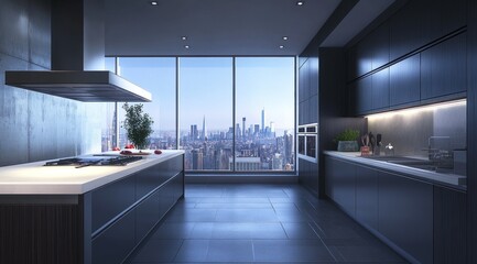 Wall Mural - dark matte modern kitchen room 3D rendering Design.