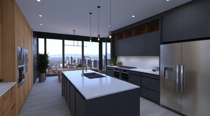 Wall Mural - dark matte modern kitchen room 3D rendering Design.