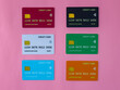 © Pratama - Colorful mock-up of six credit cards in various colors on a pink background