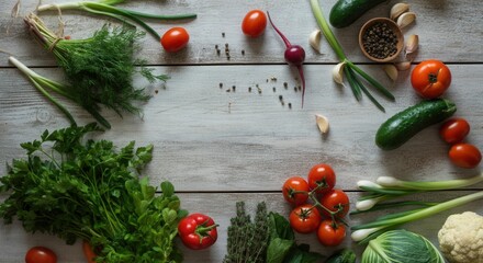 Wall Mural - Fresh vegetables herbs assortment on rustic wooden background