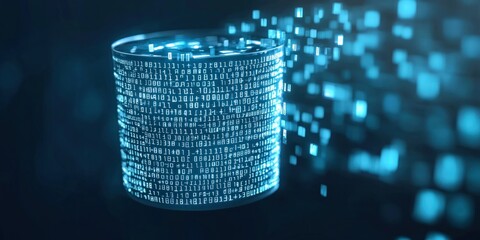 A glowing, digital cylinder made of binary code emits streams of data, symbolizing information flow and technology innovation.