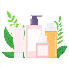 Wall Mural - 2409_081.A simple vector icon illustration depicting the group of natural skincare essentials at center for a website isolated white background. The illustration includes stylized representations of
