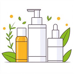 Wall Mural - 2409_081.A simple vector icon illustration depicting the group of natural skincare essentials at center for a website isolated white background. The illustration includes stylized representations of