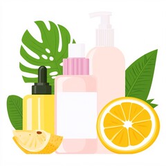 Wall Mural - 2409_016.A simple vector icon illustration depicting the group of natural skincare essentials at center for a website isolated white background. The illustration includes stylized representations of