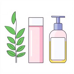 Wall Mural - 2409_025.A simple vector icon illustration depicting the group of natural skincare essentials at center for a website isolated white background. The illustration includes stylized representations of