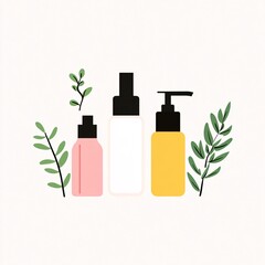Wall Mural - 2409_029.A simple vector icon illustration depicting the group of natural skincare essentials at center for a website isolated white background. The illustration includes stylized representations of